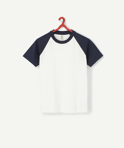 T-shirty - Koszulki Rayon - BIAŁY T-SHIRT Z GRANATOWYMI RĘKAWAMI Z BAWEŁNY EKOLOGICZNEJ DLA CHŁOPCA