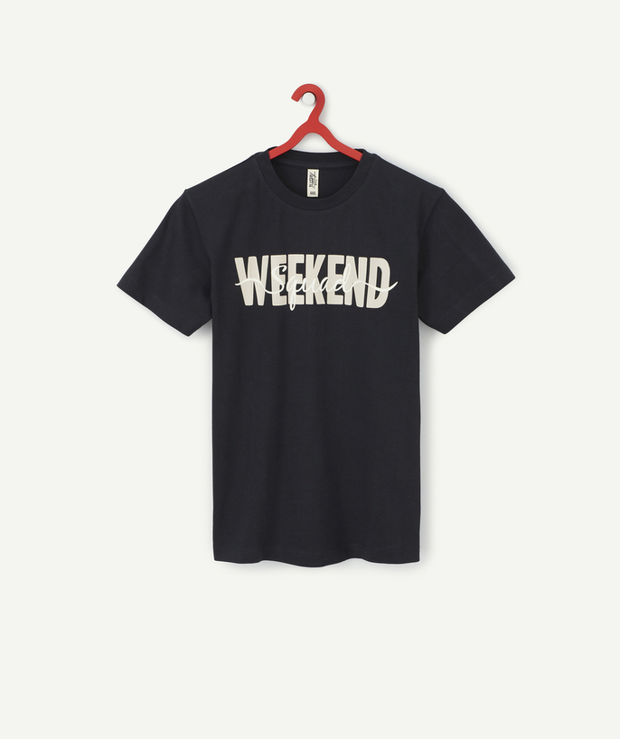 Back to school collection Sub radius in - BOYS' NAVY BLUE ORGANIC COTTON T-SHIRT WITH A WEEKEND MESSAGE