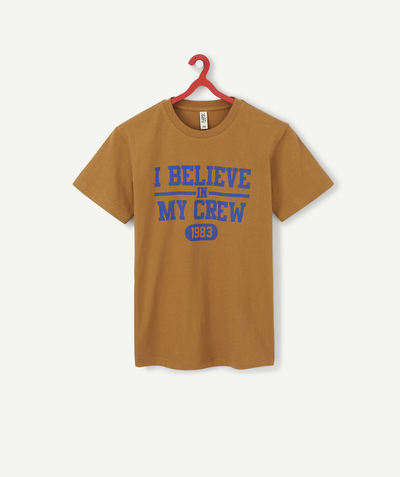 New collection Sub radius in - BOYS' BROWN T-SHIRT IN ORGANIC COTTON WITH A BLUE FLOCKED MESSAGE