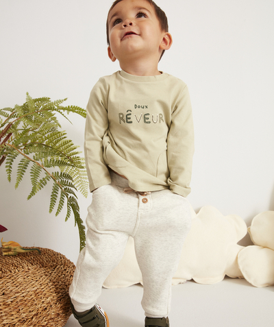 Comfortable fleece radius - BABY BOYS' GREY MARL JOGGING PANTS WITH BEIGE DETAILS