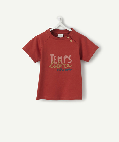 T-shirty - Koszulki Rayon - RDZAWY T-SHIRT Z NAPISEM Z BAWEŁNY EKOLOGICZNEJ DLA MAŁEGO CHŁOPCA