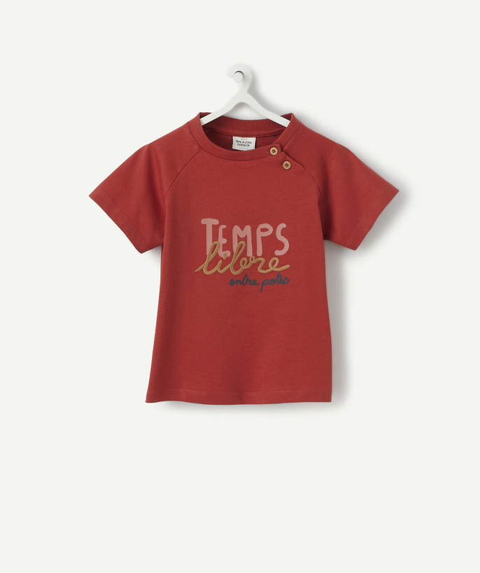 Back to school collection radius - BABY BOYS' RUST COLOUR T-SHIRT IN ORGANIC COTTON WITH A MESSAGE