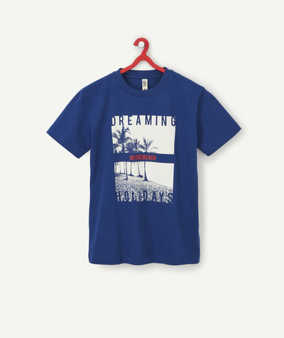 T-shirt Onderafdeling,Onderafdeling - TEENAGE BOYS' BLUE SHIRT IN ORGANIC COTTON WITH A BEACH MOTIF