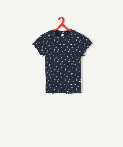 ECODESIGN Tao Categories - GIRLS' NAVY BLUE T-SHIRT IN ORGANIC COTTON WITH A FLORAL PRINT
