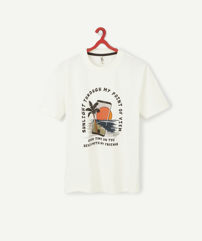 Back to school collection Sub radius in - BOYS' WHITE T-SHIRT IN ORGANIC COTTON WITH A MESSAGE AND BEACH DESIGN