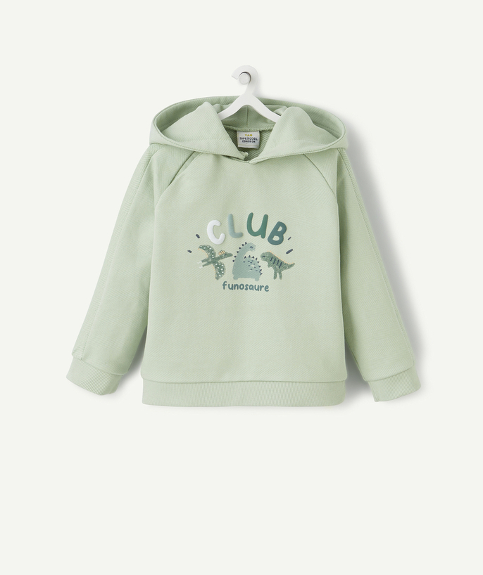 Baby-boy radius - GREEN SWEATSHIRT WITH A HOOD WITH A FLOCKED DINOSAUR AND MESSAGE