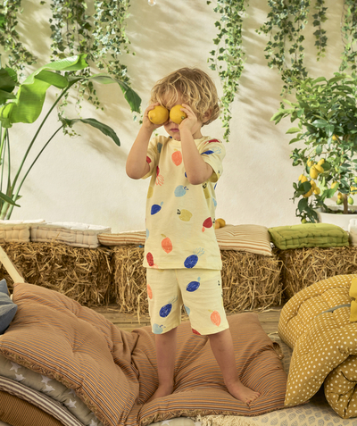 Pyjamas Famille - PYJAMA GARÇON EN COTON RECYCLÉ JAUNE IMPRIMÉ FRUITS