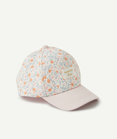 Hat, cap Tao Categories - BABY GIRLS' CAP IN PINK COTTON WITH A FLORAL PRINT