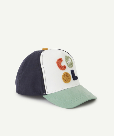 Hat, cap Tao Categories - BABY BOYS' CAP IN TRICOLOURED COTTON WITH BOUCLE