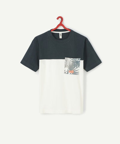 Original days Sub radius in - BOYS' TWO-TONE T-SHIRT IN ORGANIC COTTON WITH A JUNGLE PRINT POCKET