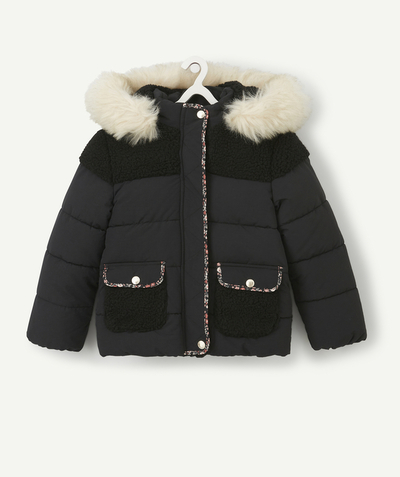 Nice and warm radius - GIRLS' BLACK PADDED JACKET IN TWO MATERIALS AND RECYCLED PADDING WITH A HOOD