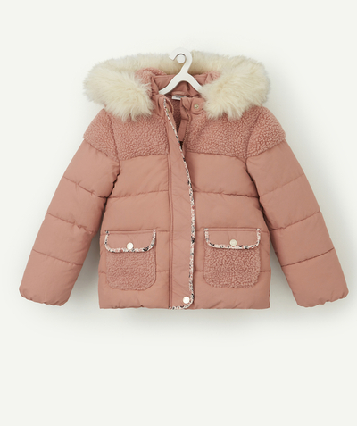 Coat - Padded jacket - Jacket Tao Categories - GIRLS' PINK PADDED JACKET WITH CURLY FUR FABRIC IN RECYCLED PADDING