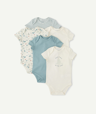 All collection radius - PACK OF FIVE BLUE BODYSUITS FOR BOYS, MADE IN ORGANIC COTTON WITH SEA DESIGNS