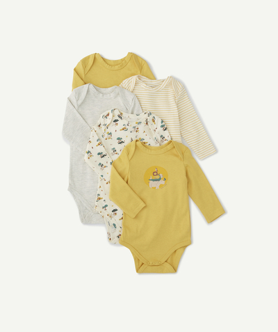 Essentials : 50% off 2nd item* family - PACK OF FIVE YELLOW STRIPED ORGANIC COTTON BODIES FOR BABIES