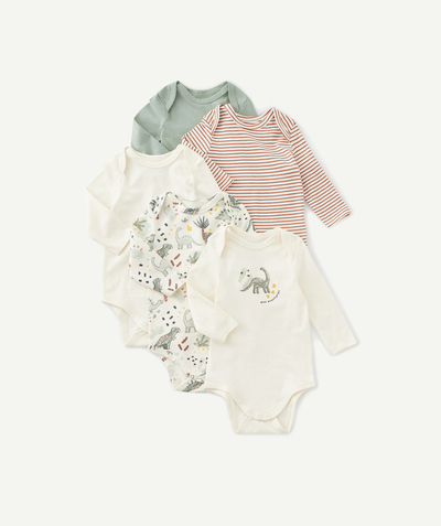Baby-boy radius - PACK OF FIVE BABIES' BODYSUITS IN ORGANIC COTTON WITH A DINOSAUR PRINT
