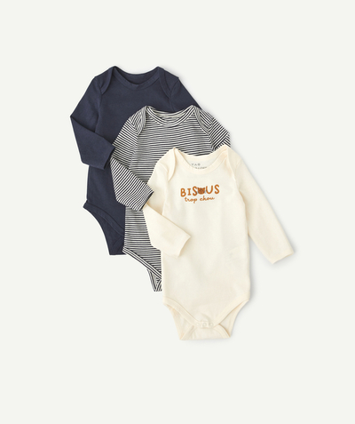 Bodysuit family - PACK OF THREE BABY BOYS' CREAM AND BLUE BODYSUITS IN ORGANIC COTTON