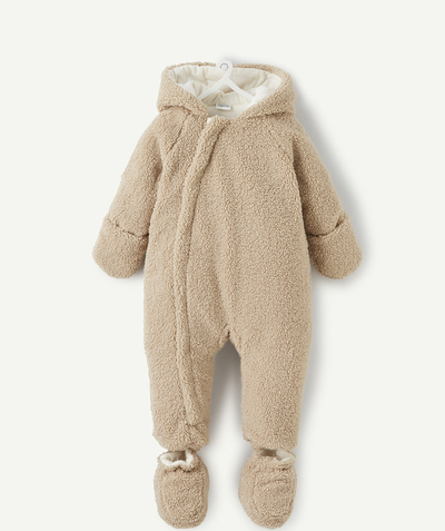 Sleep bag - Playsuit - Pramsuits family - BABIES' BEIGE FUR FABRIC ALL IN ONE WITH A HOOD