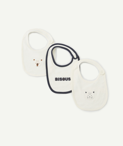 Essentials : 50% off 2nd item* family - SET OF THREE WHITE COTTON BABIES' BIBS WITH ANIMALS AND KISSES