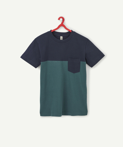 T-shirt  radius - BOYS NAVY BLUE AND GREEN T-SHIRT IN RECYCLED FIBERS WITH A POCKET