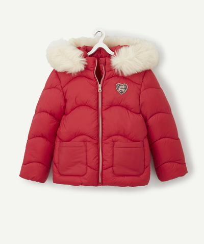 Coat - Padded jacket - Jacket radius - GIRLS' RED HOODED WATER REPELLENT PADDED JACKET