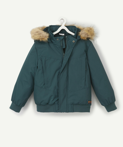 Coat - Padded jacket - Jacket radius - BOYS' GREEN HOODED COAT IN RECYCLED FIBRES