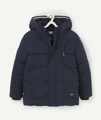 Private sales radius - BOYS' HOODED NAVY PADDED JACKET IN RECYCLED FIBRES