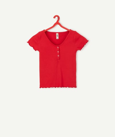 Teen girls' clothing Tao Categories - GIRLS' RED RIBBED T-SHIRT IN ORGANIC COTTON
