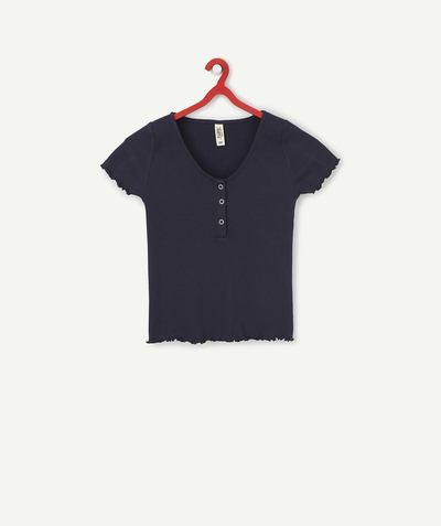 T-shirt Afdeling,Afdeling - GIRLS' NAVY BLUE T-SHIRT IN ORGANIC COTTON WITH A ROUND NECK
