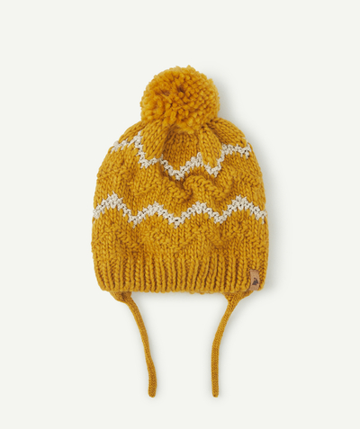 Accessories radius - BABY GIRLS' MUSTARD COLOURED HAT IN RECYCLED FIBRES WITH A POMPOM
