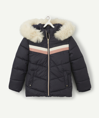 Coat - Padded jacket - Jacket Tao Categories - GIRLS' NAVY SPARKLING PADDED JACKET IN RECYCLED PADDING WITH WIDE STRIPES