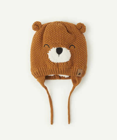 Nice and warm radius - BABY BOYS' CAMEL COLOURED KNITTED AND FLEECE HAT WITH A BEAR