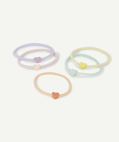 Hair accessories Tao Categories - SET OF FIVE PASTEL COLOURED HAIR ELASTICS WITH HEARTS FOR GIRLS