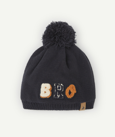 Nice and warm radius - BABY BOYS' BLUE HAT WITH A BRO MESSAGE IN RECYCLED FIBRES