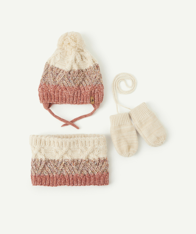 Baby-girl radius - KNITTED HAT, SNOOD AND MITTENS SET IN RECYCLED FIBRES