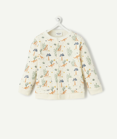 New collection radius - BABIES' CREAM POPPER FASTENING JACKET IN ORGANIC COTTON WITH A KANGAROO PRINT