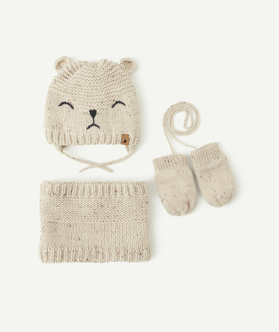 Nice and warm radius - BEIGE KNITTED HAT, SNOOD AND MITTENS SET IN RECYCLED FIBRES