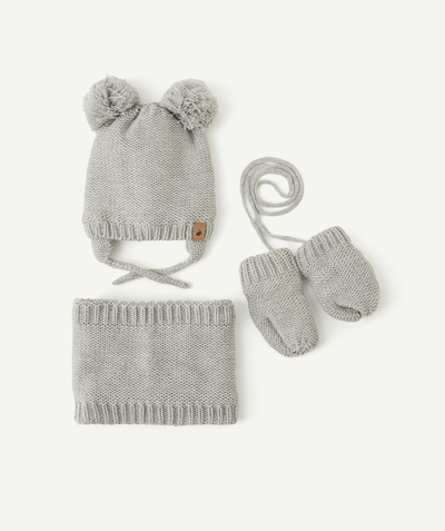 Baby-boy radius - KNITTED HAT, SNOOD AND MITTENS SET IN RECYCLED FIBRES
