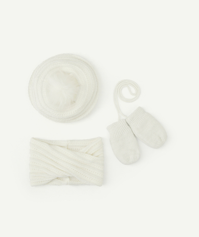 KNITWEAR ACCESSORIES Tao Categories - WHITE KNITTED ACCESSORY SET WITH A BERET, MITTENS AND SNOOD IN RECYCLED FIBRES