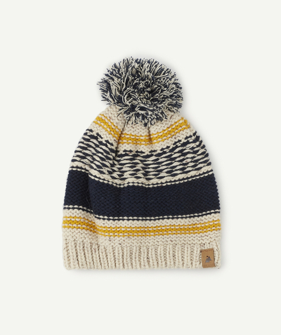 Nice and warm radius - BOYS' KNITTED BLUE, GREY AND YELLOW HAT IN RECYCLED FIBRES