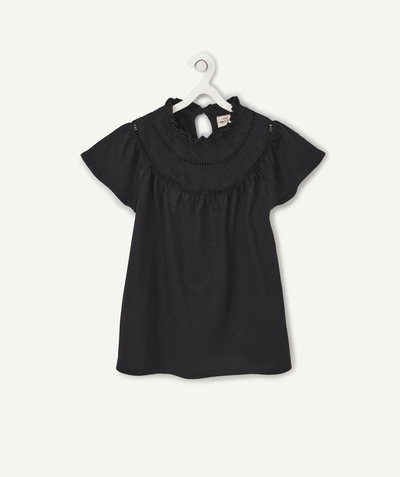 Private sales radius - GIRLS' SHORT-SLEEVED BLACK COTTON T-SHIRT WITH EMBROIDERY