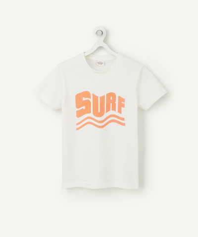 T-shirt  Rayon - T-SHIRT GARÇON EN COTON BIOLOGIQUE BLANC AVEC MESSAGE SURF