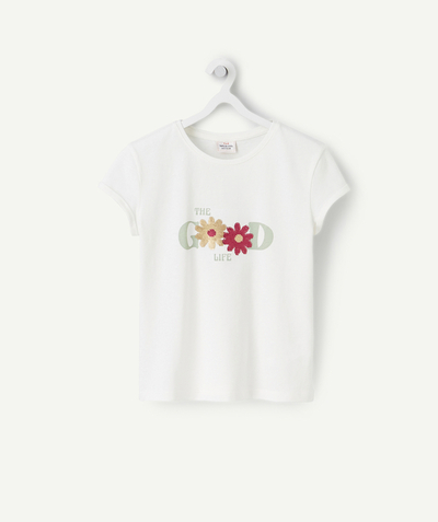 Girl radius - GIRLS' T-SHIRT IN WHITE RECYCLED FIBERS WITH A MESSAGE AND SEQUINS
