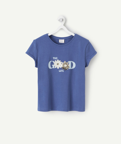 Tee-shirt radius - GIRLS' T-SHIRT IN BLUE RECYCLED FIBERS WITH A MESSAGE AND SEQUINS