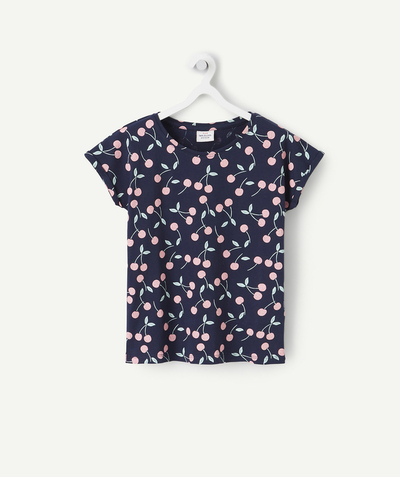 Girl radius - GIRLS' T-SHIRT IN RECYCLED NAVY BLUE COTTON WITH A CHERRY PRINT