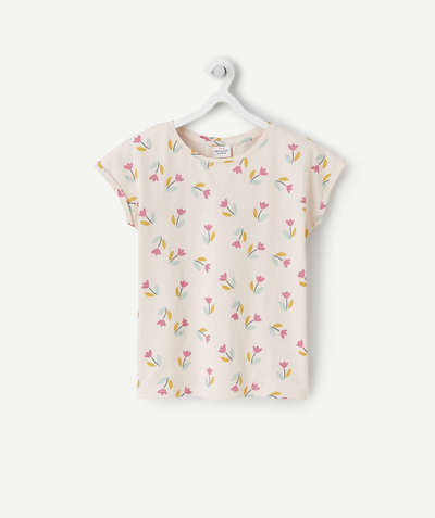 Spring looks radius - GIRLS' PINK RECYCLED COTTON T-SHIRT WITH PRINTED FLOWERS