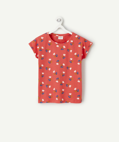 Spring looks radius - GIRLS' T-SHIRT IN RECYCLED PINK COTTON WITH A FLOWER PRINT