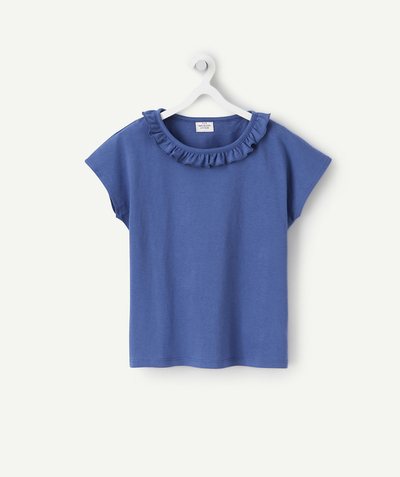 T-shirt, chemise, blouse Nouvelle Arbo - T-SHIRT FILLE EN COTON BLEU AVEC COL VOLANTÉ