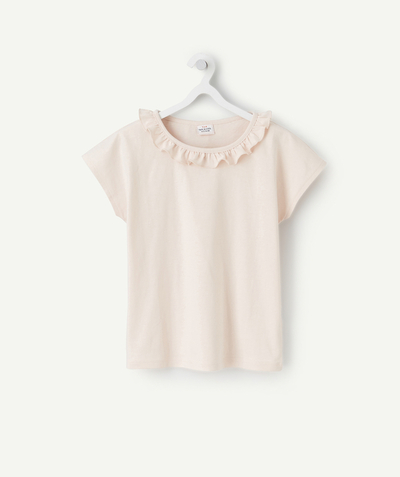 T-shirt, chemise, blouse Nouvelle Arbo - T-SHIRT FILLE EN COTON ROSE AVEC COL VOLANTÉ