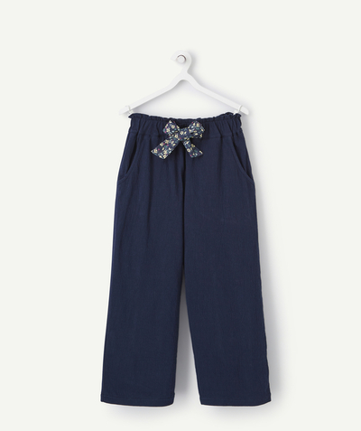 trouser Tao Categories - GIRLS' NAVY BLUE WIDE-LEG TROUSERS WITH A CRUMPLED EFFECT