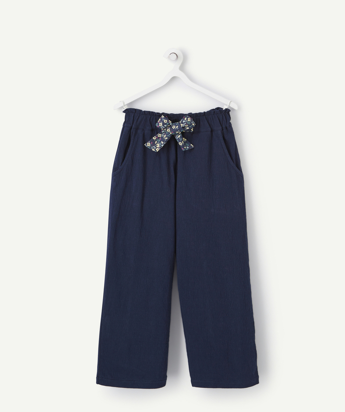 BOTTOMS radius - GIRLS' NAVY BLUE WIDE-LEG TROUSERS WITH A CRUMPLED EFFECT